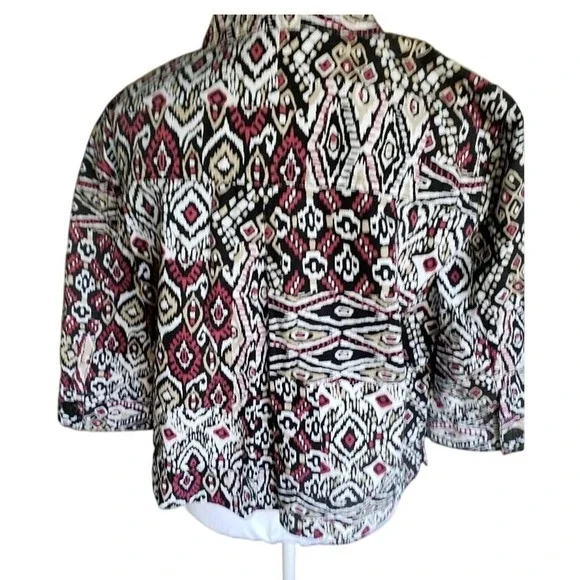 Ruby Rd Petite Red Black Ikat Tribal Print‎ 100% Cotton Button Front Jacket 16P - Picture 2 of 5